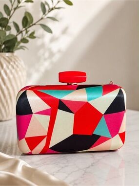 Colorblock Geometric Hardcase Clutch - Red & Multicolor